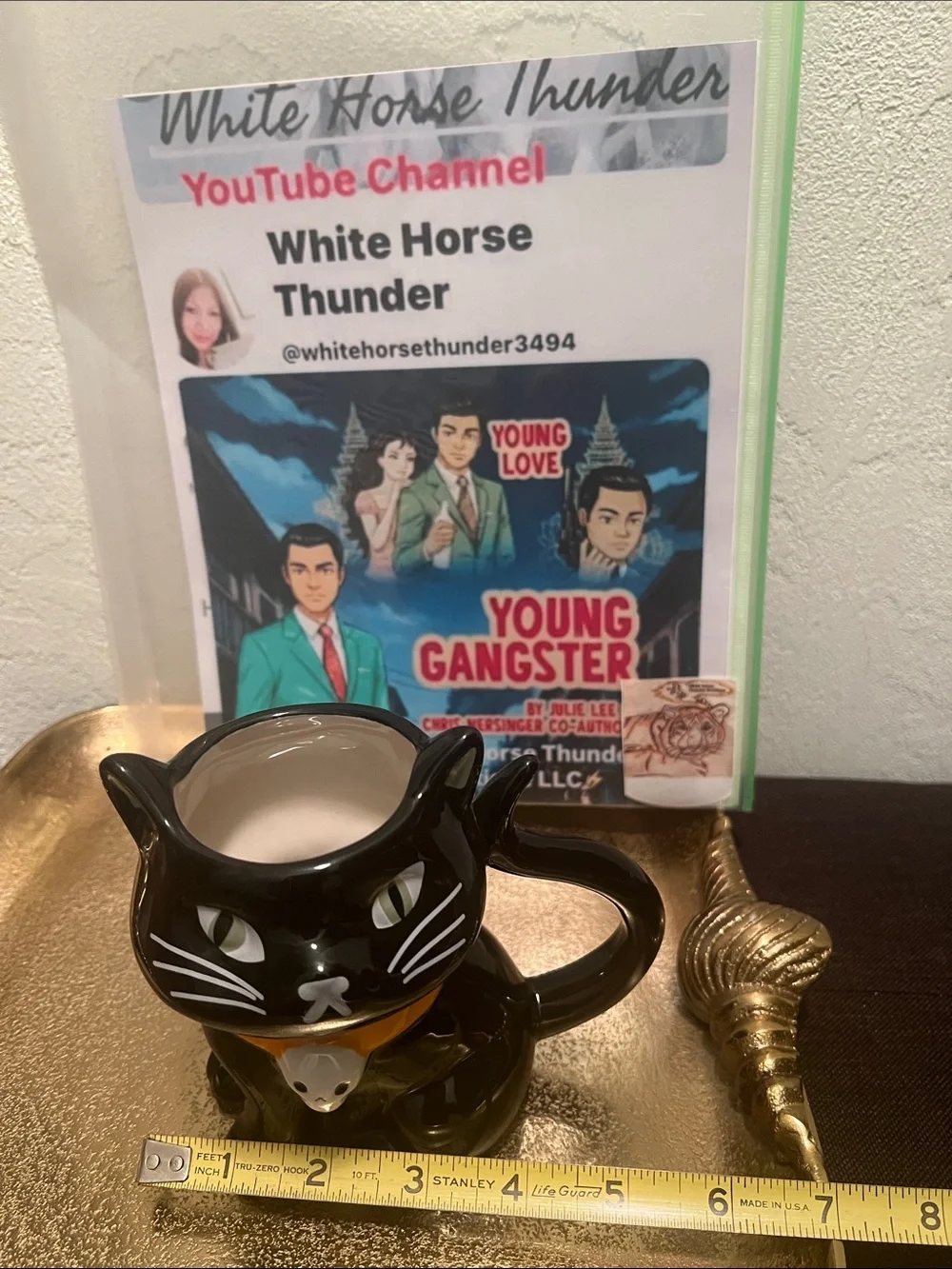 #2079**Black Ceramic Cat Mug with Orange Collar and Skull Charm - Picture 4 of 14